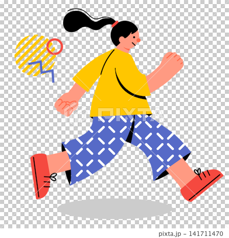 元気に走る若い女性のポップでカラフルなイラスト 元気に走る若い女性のポップでカラフルなイラスト 141711470