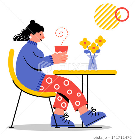 カフェでホットドリンクを飲む若い女性のポップでカラフルなイラスト カフェでホットドリンクを飲む若い女性のポップでカラフルなイラスト 141711476