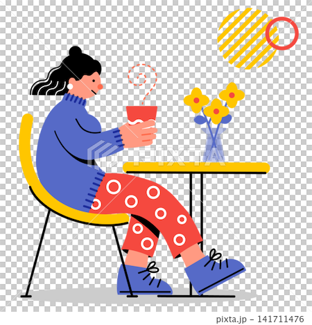 カフェでホットドリンクを飲む若い女性のポップでカラフルなイラスト カフェでホットドリンクを飲む若い女性のポップでカラフルなイラスト 141711476