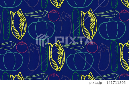 夏野菜の線画のパターン(カラフル×ネイビー) 141711893
