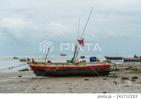 Small traditional wooden fishing boat resting on sandy beach at low tide with sea background 141712203
