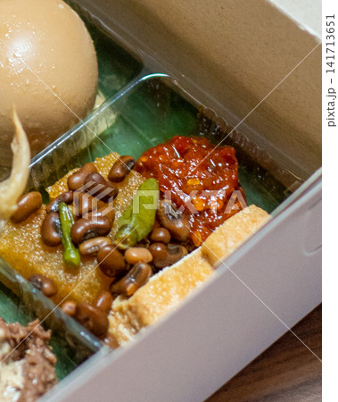 Traditional Indonesian food served in a takeaway box with spicy red sambal, beans, tofu and braised egg, showcasing colorful local side dishes and Indonesian culinary culture. Traditional Indonesian food served in a takeaway box with spicy red sambal, beans, tofu and braised egg, showcasing colorful local side dishes and Indonesian culinary culture. 141713651