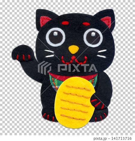 Appliqué illustration of a black beckoning cat holding a gold coin / Right hand raised Appliqué illustration of a black beckoning cat holding a gold coin / Right hand raised 141713716