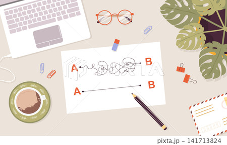 Plan B concept. Business strategy with goals for success. Plan B for failure. Top view on workspace. Vector illustration in flat cartoon style Plan B concept. Business strategy with goals for success. Plan B for failure. Top view on workspace. Vector illustration in flat cartoon style 141713824