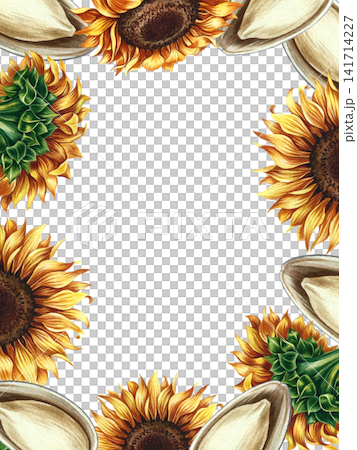 Frame with sunflowers and seeds. Hand-drawn watercolor illustration. Perfect for postcards, packaging and labels, banners, posters, and more. Frame with sunflowers and seeds. Hand-drawn watercolor illustration. Perfect for postcards, packaging and labels, banners, posters, and more. 141714227