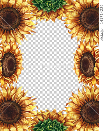 Frame with sunflowers. Hand-drawn watercolor illustration. Perfect for postcards, greeting cards, invitations, decor, packaging and labels, banners, posters, and more. Frame with sunflowers. Hand-drawn watercolor illustration. Perfect for postcards, greeting cards, invitations, decor, packaging and labels, banners, posters, and more. 141714229