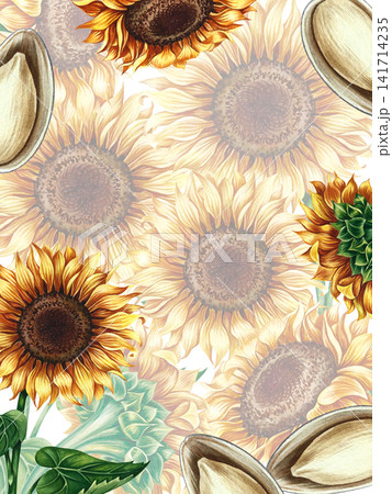 Frame with sunflowers and seeds. Hand-drawn watercolor illustration. Perfect for postcards, packaging and labels, banners, posters, and more. 141714235