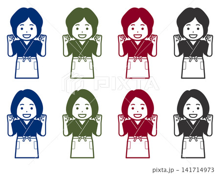 [単色] [髪型違い] ガッツポーズをする作務衣に前掛けの女性のアイコン 141714973