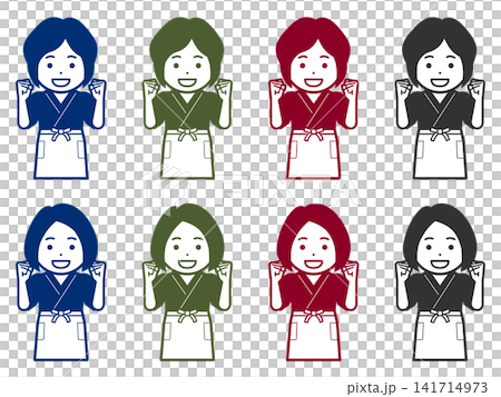 [Solid Color] [Different Hairstyle] Icon of a woman in a samue (traditional Japanese work clothing) and apron making a victory pose 141714973