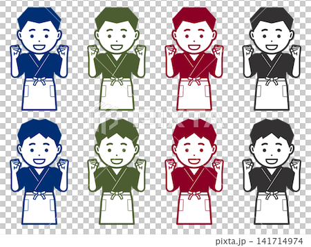 [單色] 身穿日本傳統工作服和圍裙的男子擺出勝利姿勢的圖標。 141714974