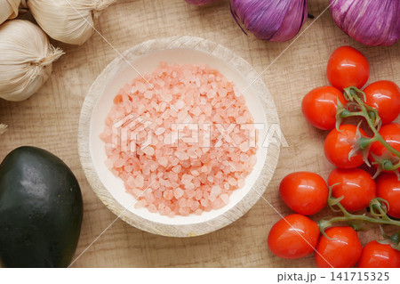 Fresh ingredients on a wooden table for cooking 141715325