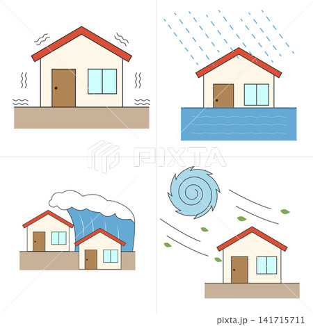 自然災害(地震・洪水・津波・台風)の被害に遭う住宅のイラストセット 自然災害(地震・洪水・津波・台風)の被害に遭う住宅のイラストセット 141715711