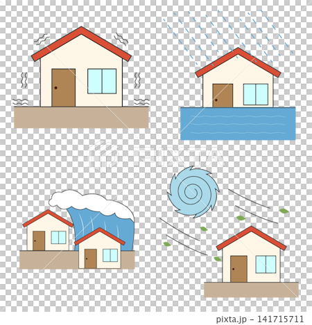 自然災害(地震・洪水・津波・台風)の被害に遭う住宅のイラストセット 自然災害(地震・洪水・津波・台風)の被害に遭う住宅のイラストセット 141715711