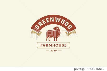 Vintage Sheep Farmhouse Badge Vector Logo Template For Organic Livestock Ranch Wool Production Vintage Sheep Farmhouse Badge Vector Logo Template For Organic Livestock Ranch Wool Production 141716819