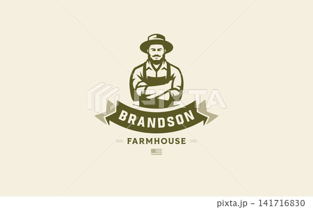 Retro Bearded Farmer Artisan Ribbon Badge Vector Logo Template For Vintage Organic Ranch Brand 141716830