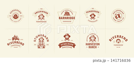 Vintage Agriculture Farmhouse Barn Farmer Tractor Cow Emblem Vector Logo Template Bundle Collection 141716836