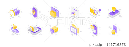E-commerce Delivery And Digital Marketing Isometric Vector Illustration Icon Set 141716878