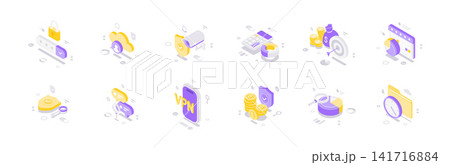 Cyber Security And Financial Management Strategy Isometric Vector Illustration Icon Set 141716884