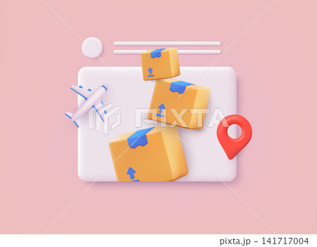 Delivery box coming out from screen. Delivery package shipping. Online shopping. 3D Web Vector Illustrations. 141717004