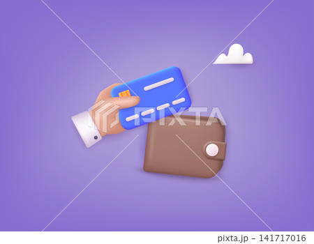 Money wallet with credit card. Money transfer from card to wallet. Online payment concept. 3D Web Vector Illustrations. Money wallet with credit card. Money transfer from card to wallet. Online payment concept. 3D Web Vector Illustrations. 141717016