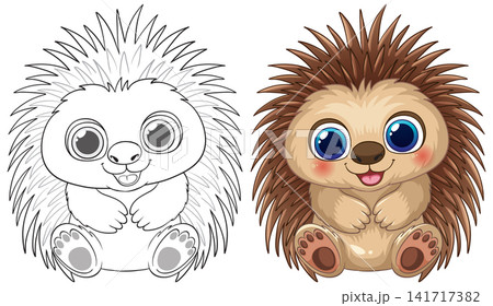 Cute Cartoon Hedgehog Vector Illustration with Coloring Page Version 141717382