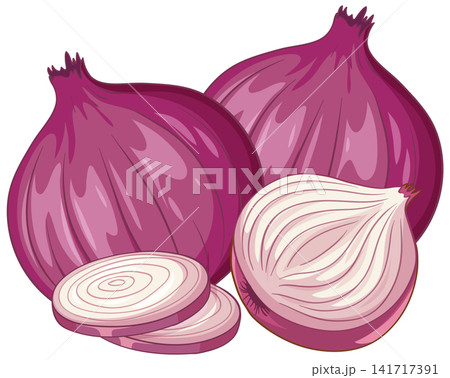 Vector Illustration of Whole and Sliced Fresh Red Onions Vector Illustration of Whole and Sliced Fresh Red Onions 141717391