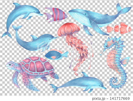 Collection of watercolor marine animals dolphin, whale, turtle, jellyfish, seahorse and tropical clownfish, angelfish, surgeonfish. Cartoon clipart illustration for children. For nursery, baby shower 141717669
