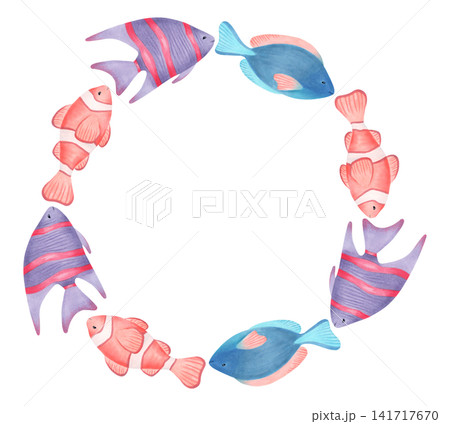Round frame with clownfish, angelfish and surgeonfish. Watercolor cartoon children's illustration. Hand-drawn tropical fish. Underwater world of marine animals. Wreath for invitations, nursery decor 141717670