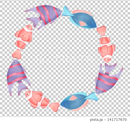 Round frame with clownfish, angelfish and surgeonfish. Watercolor cartoon children's illustration. Hand-drawn tropical fish. Underwater world of marine animals. Wreath for invitations, nursery decor 141717670