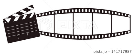 Movie Clapperboard With Film Strip Photo Blank Frames. Horizontal Black White Convex Storyboard Drawing. Vector Illustration. Cinema Background And Video Editing. 141717987