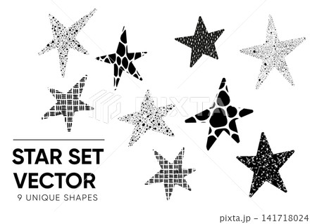 Nine black stars form textured grunge set with rough patterns and unique shapes Nine black stars form textured grunge set with rough patterns and unique shapes 141718024
