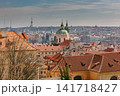 Panoramic Prague cityscape with historic red rooftops and Baroque church domes in Prague City Czech Republic, showcasing timeless European architecture and scenic Old Town skyline on a clear day 141718427