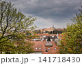 Scenic Prague cityscape framed by fresh spring trees with historic red rooftops and castle architecture beneath dramatic cloudy skies, capturing the timeless beauty of Prague City Czech Republic 141718430