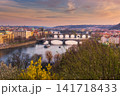 Panoramic Prague cityscape with Vltava River and historic bridges at sunset, showcasing colorful spring scenery, European architecture and the romantic skyline of Prague City Czech Republic 141718433