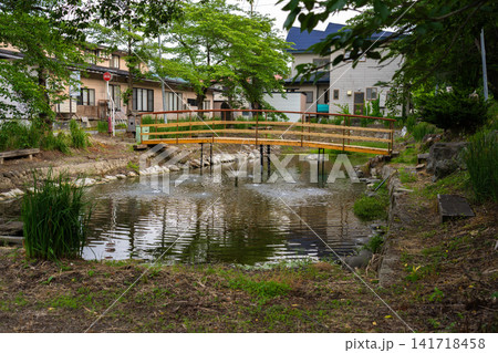 小野川温泉街の小さな池と木製の橋 小野川温泉街の小さな池と木製の橋 141718458