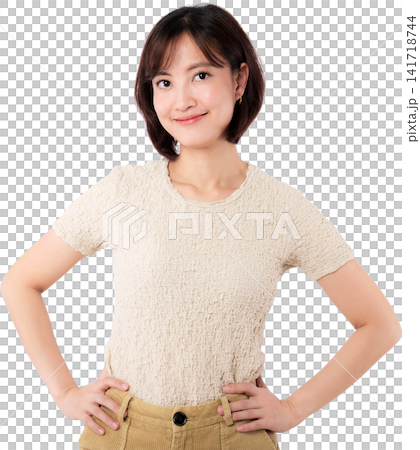 Asian woman portrait smile beige shirt isolated transparency background with hands on hips and confident expression Asian woman portrait smile beige shirt isolated transparency background with hands on hips and confident expression 141718744