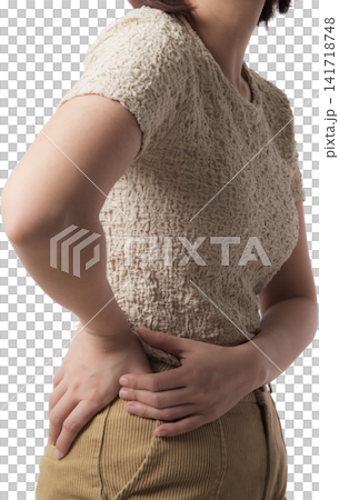 Asian woman abdominal pain textured sweater with corduroy trouser, isolated portrait showing physical discomfort and hand Asian woman abdominal pain textured sweater with corduroy trouser, isolated portrait showing physical discomfort and hand 141718748
