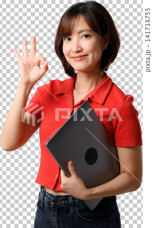Asian woman red shirt tablet gesture showing confidence with isolated studio portrait and friendly smile Asian woman red shirt tablet gesture showing confidence with isolated studio portrait and friendly smile 141718755