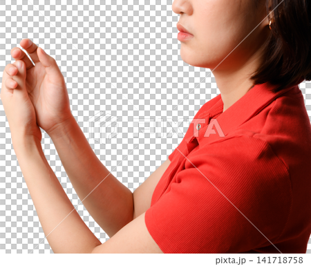 Asian woman red shirt hand gesture isolated profile against transparency background, focused female with raised arms Asian woman red shirt hand gesture isolated profile against transparency background, focused female with raised arms 141718758