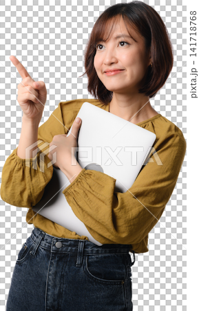 Asian woman holding tablet pointing upward with warm smile, isolated against transparent background for business Asian woman holding tablet pointing upward with warm smile, isolated against transparent background for business 141718768