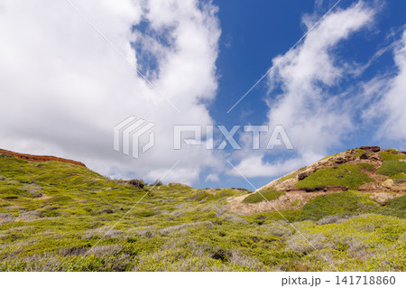 Lush Hawaiian landscape with hills and sky Lush Hawaiian landscape with hills and sky 141718860