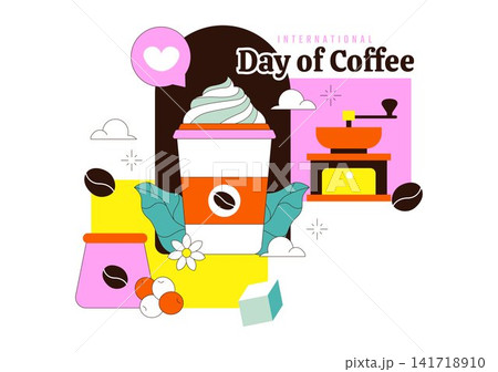 International Coffee Day Vector Illustration Featuring Fresh Brew, Espresso, Cappuccino, Takeaway Cup, Roasted Beans, and Cozy Coffee Culture International Coffee Day Vector Illustration Featuring Fresh Brew, Espresso, Cappuccino, Takeaway Cup, Roasted Beans, and Cozy Coffee Culture 141718910