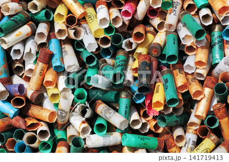 Pile of colorful plastic pipes for recycling, closeup of photo Pile of colorful plastic pipes for recycling, closeup of photo 141719413