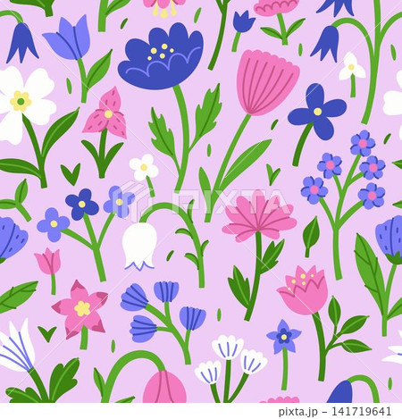 Seamless pattern with different flowers on a pink background. Vector graphics. Seamless pattern with different flowers on a pink background. Vector graphics. 141719641