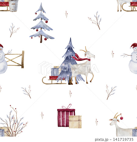 Seamless watercolor Christmas pattern. Illustrations of goats with red scarves and ornaments white background. Repeat ornament with Christmas trees, snowman, gifts for textile, packaging Seamless watercolor Christmas pattern. Illustrations of goats with red scarves and ornaments white background. Repeat ornament with Christmas trees, snowman, gifts for textile, packaging 141719735
