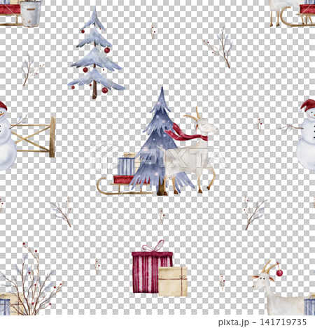 Seamless watercolor Christmas pattern. Illustrations of goats with red scarves and ornaments white background. Repeat ornament with Christmas trees, snowman, gifts for textile, packaging Seamless watercolor Christmas pattern. Illustrations of goats with red scarves and ornaments white background. Repeat ornament with Christmas trees, snowman, gifts for textile, packaging 141719735