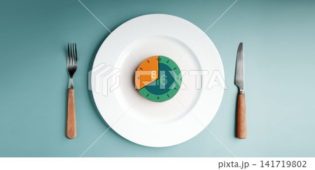 Clock rests on an empty plate between a fork and knife, 16-8 intermittent fasting Clock rests on an empty plate between a fork and knife, 16-8 intermittent fasting 141719802