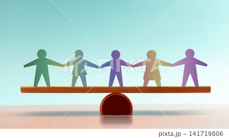 Paper people hold hands while balanced on a wooden beam,equality, unity, cooperation Paper people hold hands while balanced on a wooden beam,equality, unity, cooperation 141719806