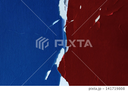 Torn blue and red wall surfaces reveal a white divide, geopolitical conflict 141719808