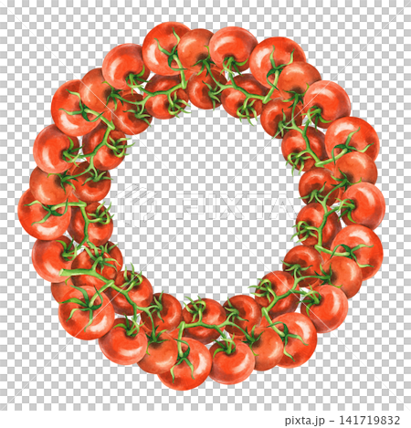 Wreath of the tomatoes. Watercolor illustration. Handmade art work. For packaging design, cards, cover, prints, product labels and fabric. Wreath of the tomatoes. Watercolor illustration. Handmade art work. For packaging design, cards, cover, prints, product labels and fabric. 141719832